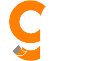 Large orange letter C with small orange and gray geometric shapes below