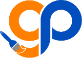 Orange and blue overlapping circles with a pen icon forming a stylized logo design